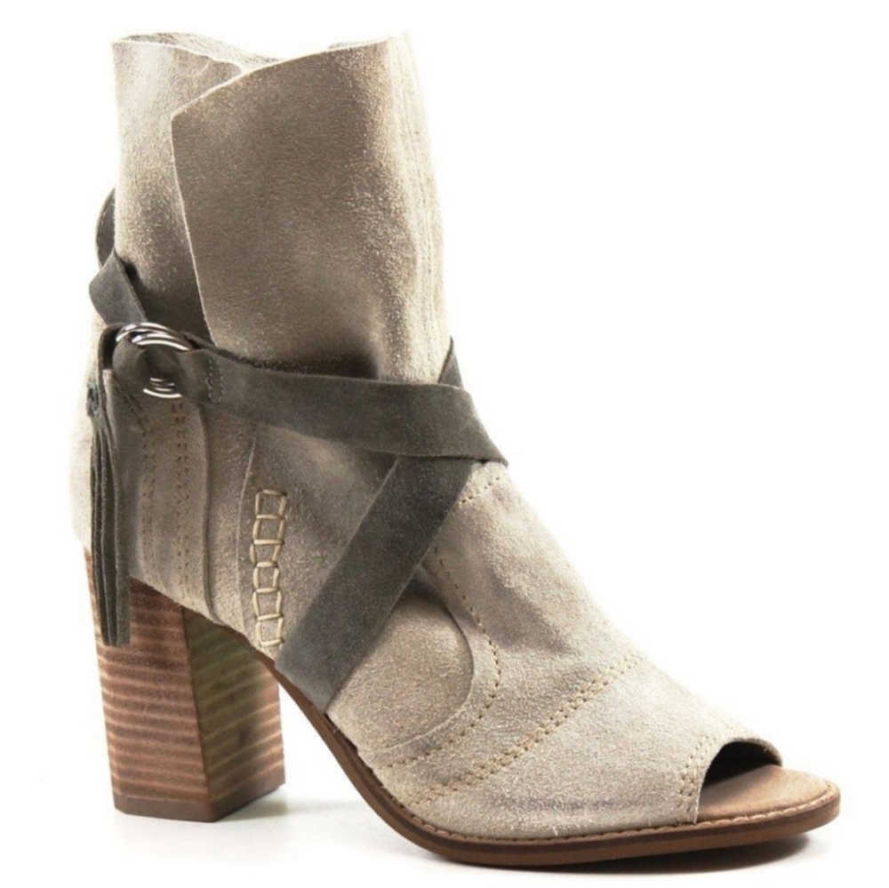 Diba True Suede Leather Open Toe Western Taupe Buckle Heel Boots Bootie 7
